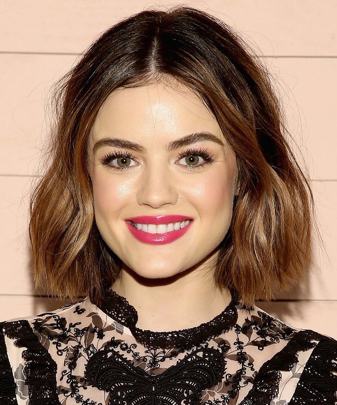 Lucy Hale Lucy Hale has tried every hair color out there, but she frequently returns to this brunette bob lightened up with caramel highlights.